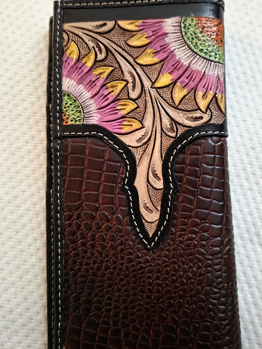 Handtooled Leather Bifold Wallet with Pink & Brown Floral Accent
